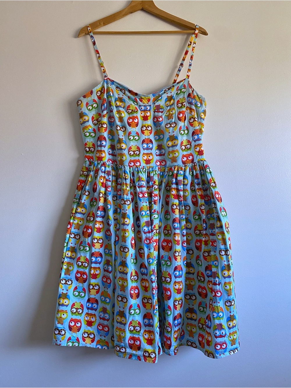 Unique Vintage Blue Owl Print Sundress - Spaghetti Strap Dress